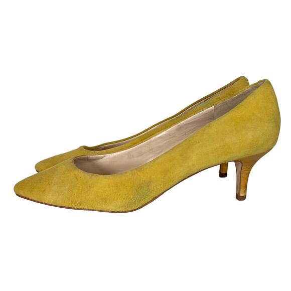 Nine West Heels Women’s 7.5 Xeena Yellow Suede Kitten Pumps Pointy Toe Slip On - Picture 9 of 16